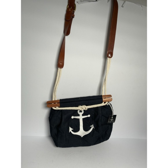 NWT Kiel James Patrick Anchor Chatham Bag Crossbody Black Canvas Rope Wood